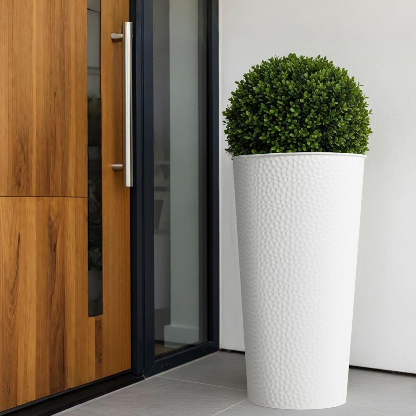 Worth 2 Pack 28" Tall Narrow Metal Planter with Inside Pot for Indoors or Outdoors, Deck, Patio or Front Porch, Hand-Hammered Texture, White