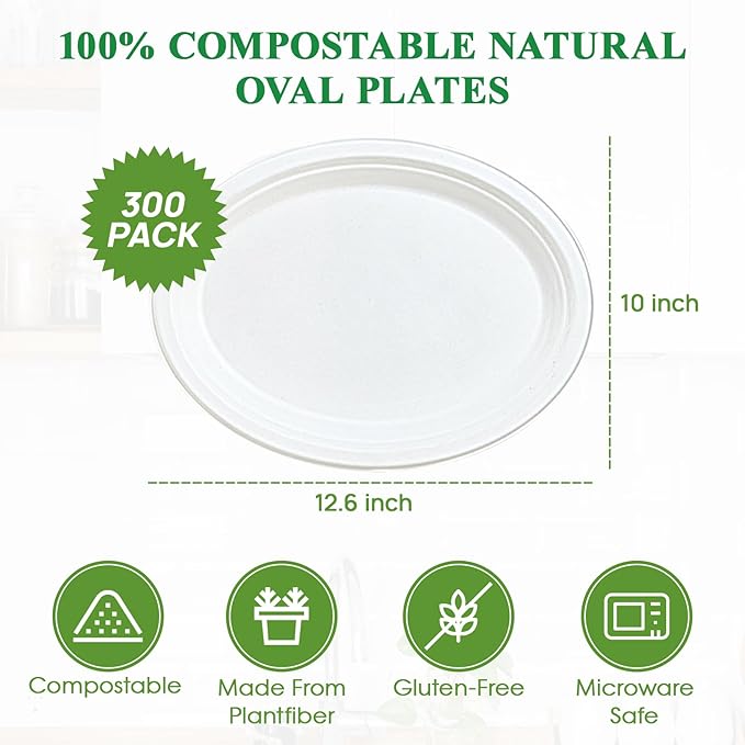 Vplus 300 Pack 100% Compostable Oval Paper Plates 12 inch Super Strong Disposable Paper Plates Bagasse Natural Biodegradable Eco-Friendly Sugarcane for BBQ, Party, Dinner, and Picnic