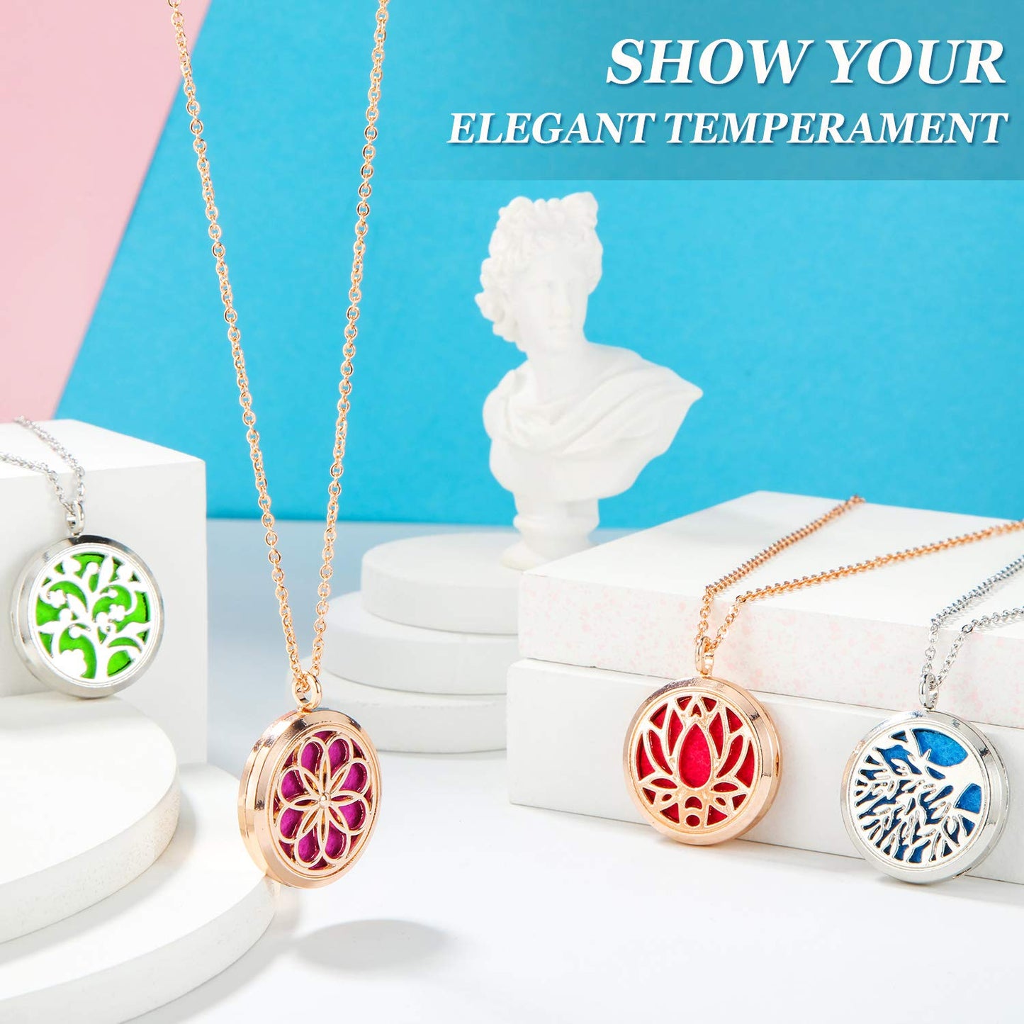 Hicarer 4 Pieces Essential Oil Necklace Diffuser Oil Pendant Locket Aromatherapy Pendant Perfume Oil Jewelry Necklace with 14 Refill Pads and 24 Inch Adjustable Chain