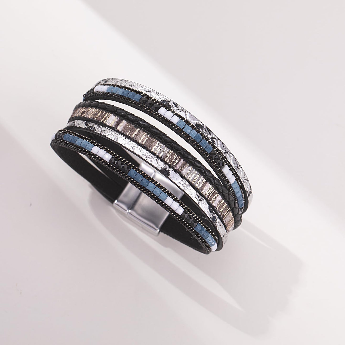 FANCY SHINY Boho Leather Wrap Bracelets Trendy Layered Bracelets with Magnetic Clasp Strackable Bohemian Cuff Jewelry Gifts for Women(Black)