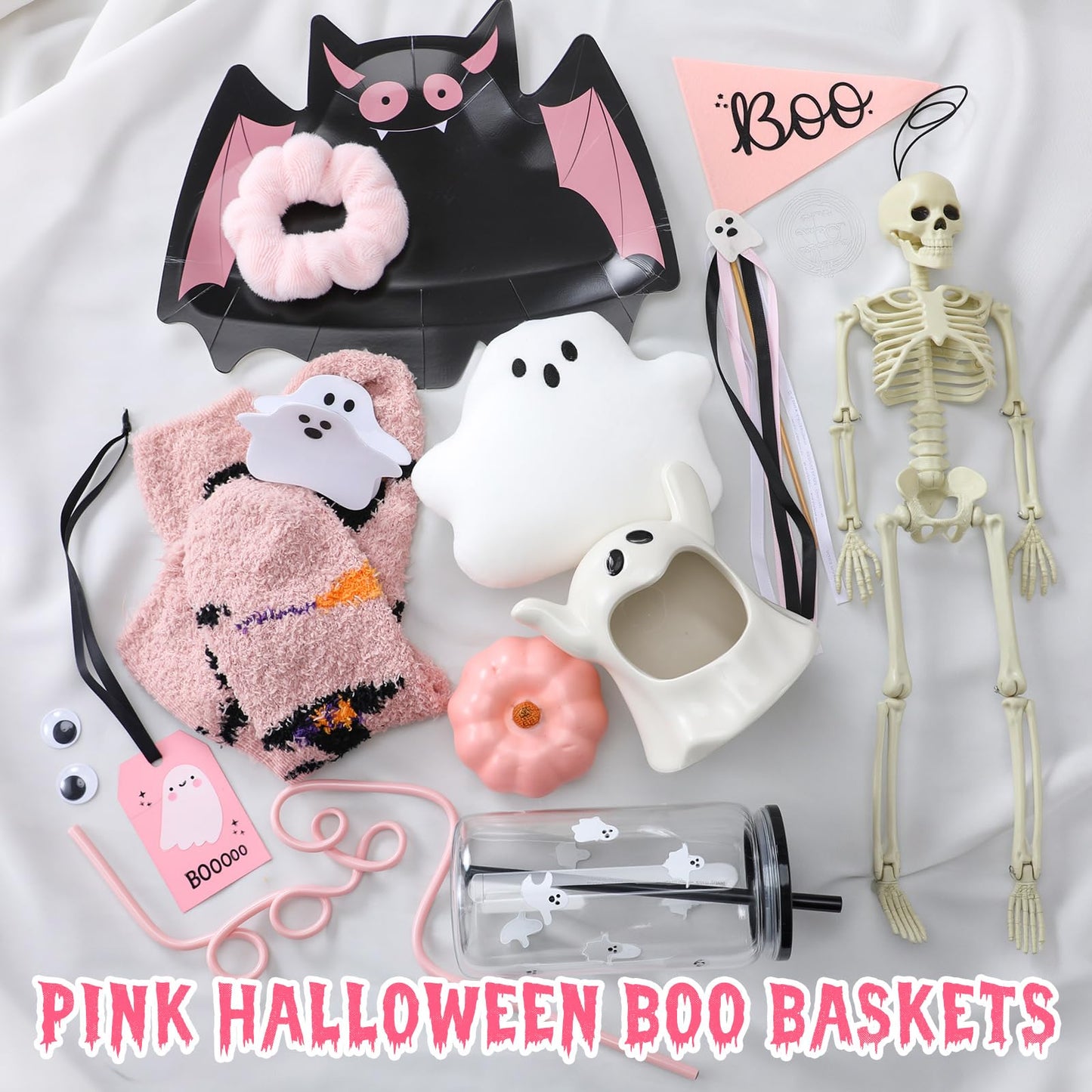 Reallnaive 12 Pcs Halloween Boo Gifts Basket Stuffers for Women Summer Halloween Spooky Ghost Cute Boo Basket Gifts Plastic Cups Paper Bat Plate Fuzzy Socks Skeleton Pendant for Her Sister Friends