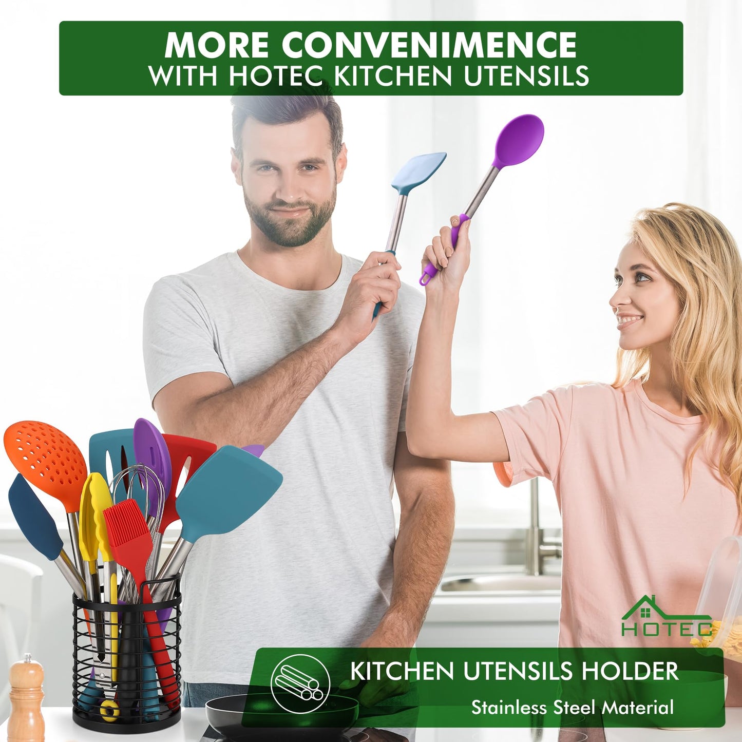 HOTEC 446°F Heat Resistant Silicone Kitchen Utensils, Cooking Utensil Set, Spatula Set, BPA Free, Kitchen Gadgets, Utensils Holder, Dishwasher Safe, 14pcs Multicolor