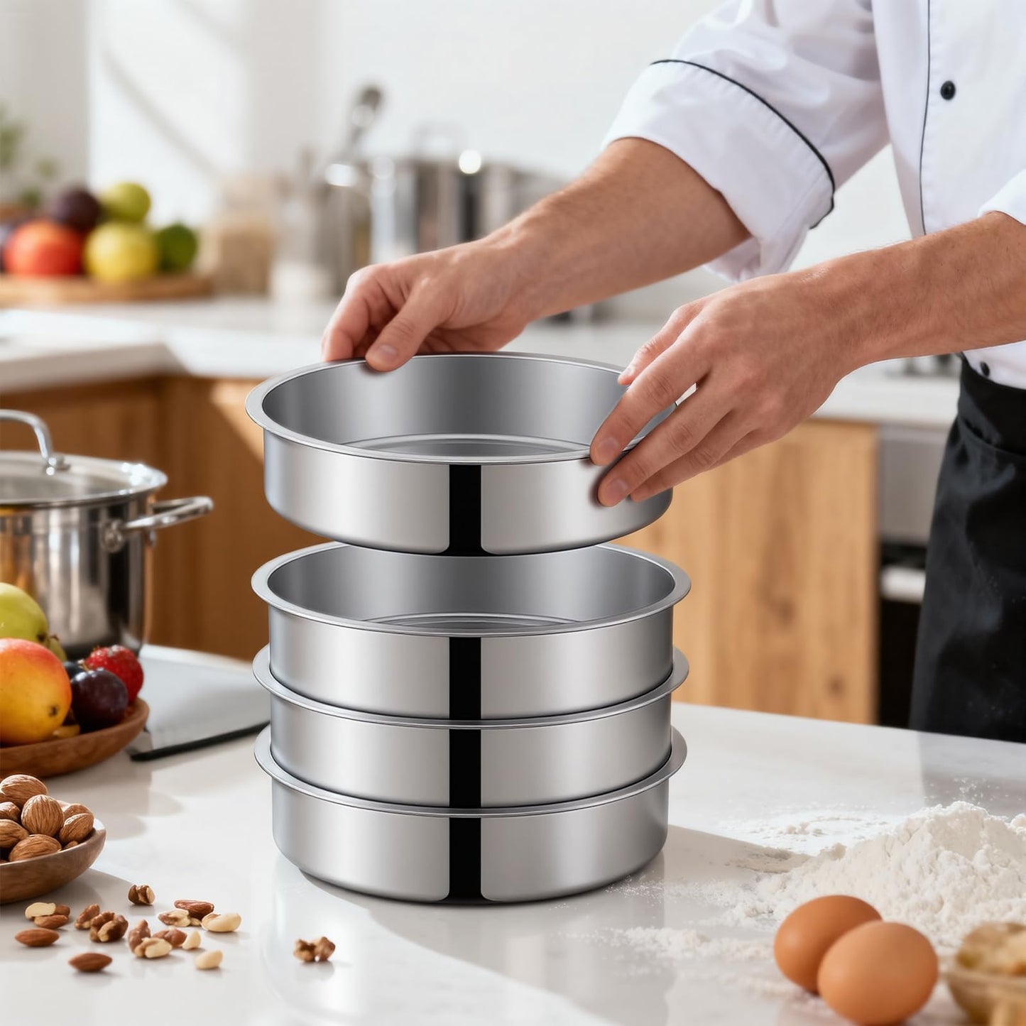 Ohtomber 8 Inch Cake Pan - Set of 4 Stainless Steel Round Layer Cake Baking Pans Molds, Tins, Stackable Baking Set, Even Heating, Dishwasher Safe Non-Toxic Bakeware Dish for Birthday Wedding Christmas