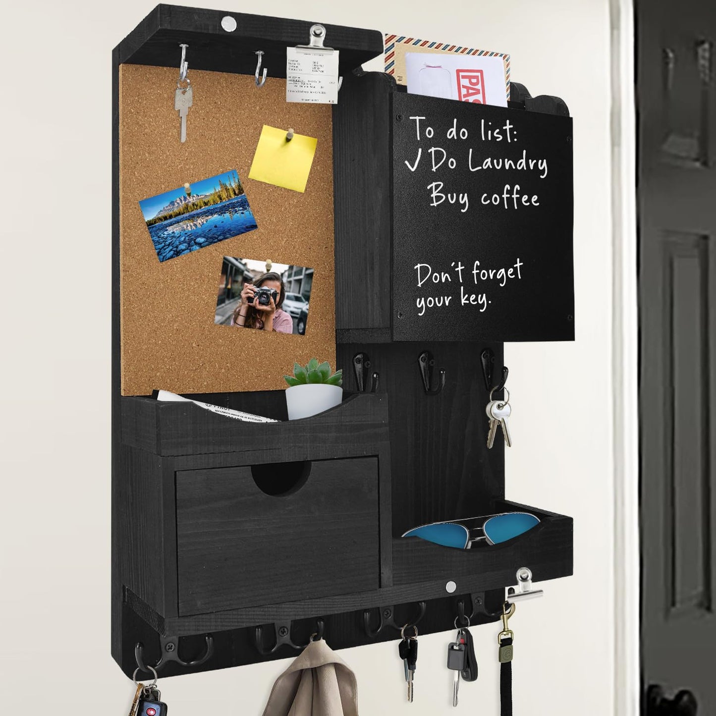 HEKOOLA Key Holder Wall Mount, Mail Organizer Key Holder for Wall with Shelf, Drawer, Chalkboard, Corkboard, Home Decor Mounted for Room Entryway (Black)
