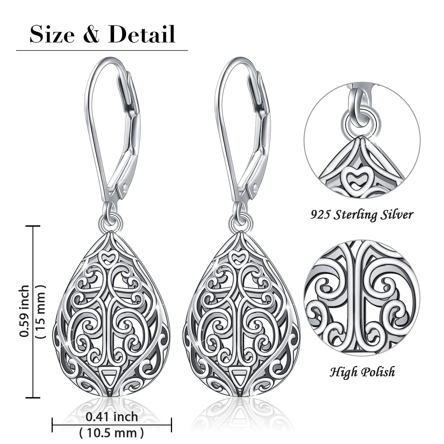 SHAOAN 925 Sterling Silver Heart Filigree Dangle Drop Earrings Leverback Teardrop Earrings for Women Jewelry Gifts