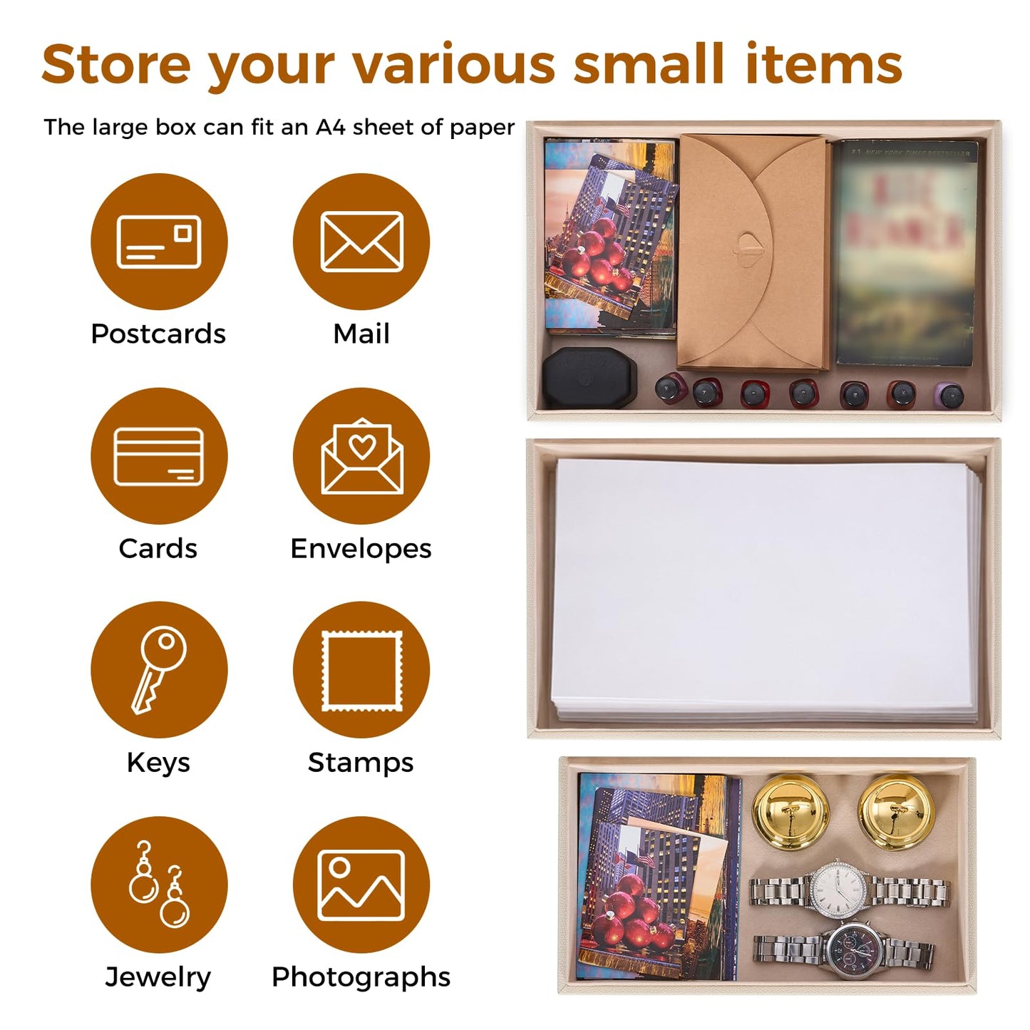 YUNSCEND Decorative Boxes with Lids 2-Set, Memory Box for Keepsakes, Saving Space, Beautiful PU Leather Keepsake Box, Decorative Storage Boxes with Gold Metal Handles Store Photos, Documents White
