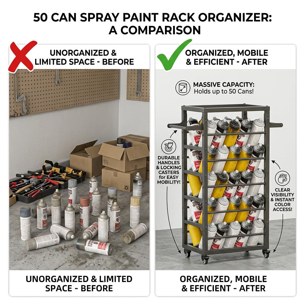 FOREVEROU 50 Can Spray Paint Rack Organizer, Large Capacity Rolling Spray Paint Storage Cart, Metal Aerosol Can Holder for Garage, Auto Shop, Craft Room & Home Mobile Organization