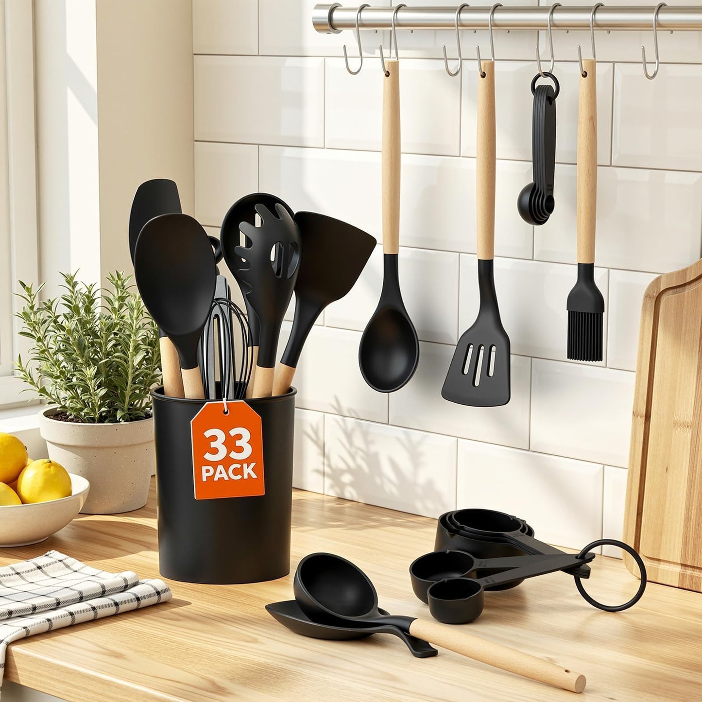 WISELIFE Kitchen Utensils Set - 33 PCS, Heat-Resistant Silicone Cooking Utensils Set with Wooden Handle, BPA-Free Kitchen Gadgets Spatula Sets with Holder for Nonstick Cookware (Black)