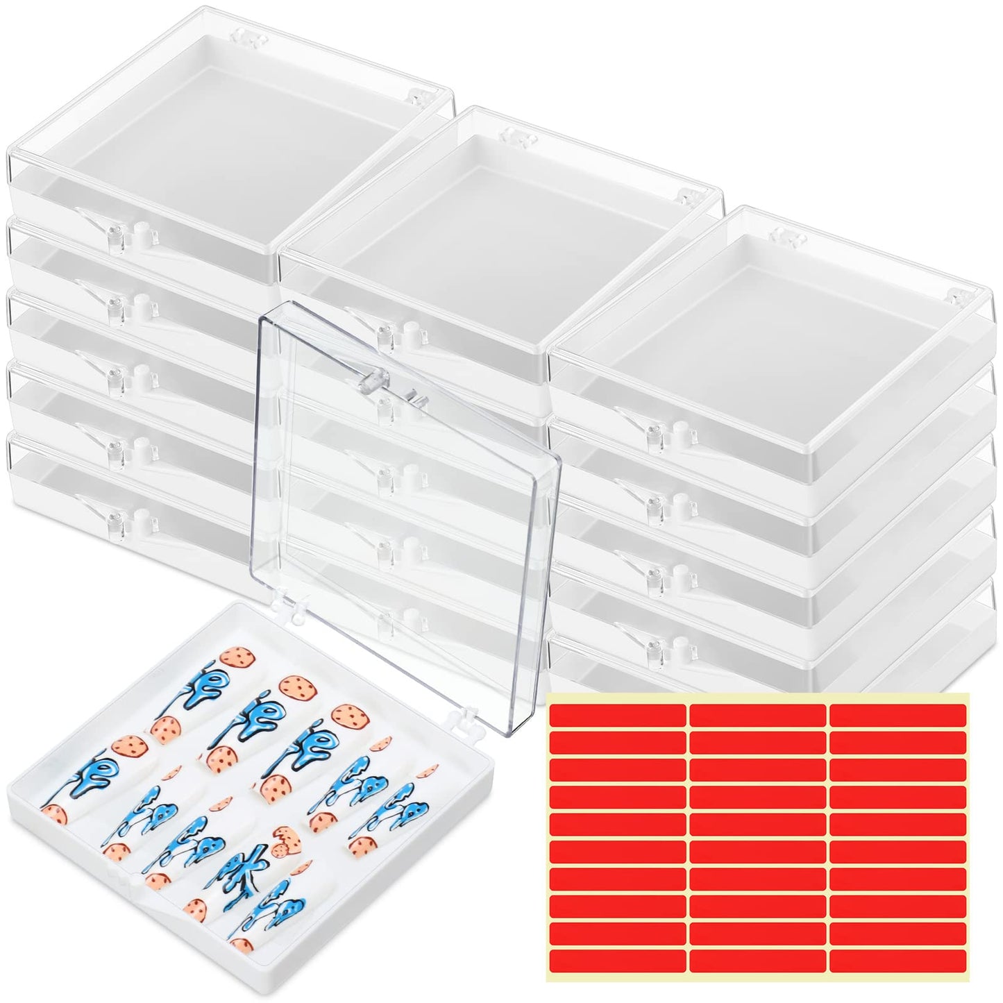 Landhoow 15 Pcs Press On Nail Boxes Nail Display Case with 30 Adhesive Tape, Artificial Press On Nail Container, Acrylic Storage Organizer(White)