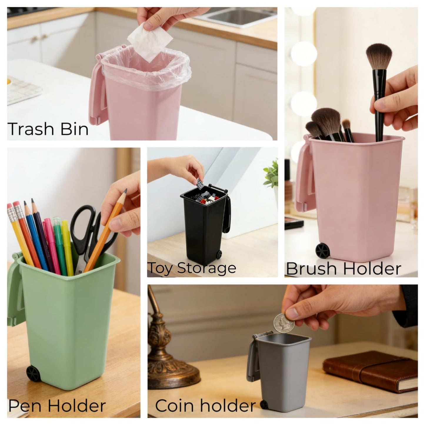 Goaste 12 Pack Mini Desk Trash Can, 22 OZ Tiny Curbside Garbage Bin with Lid, Small Plastic Desktop Wastebasket, Unique Office Pen Holder Pencil Cup, Counter Waste Basket for Home Kitchen Tabletop