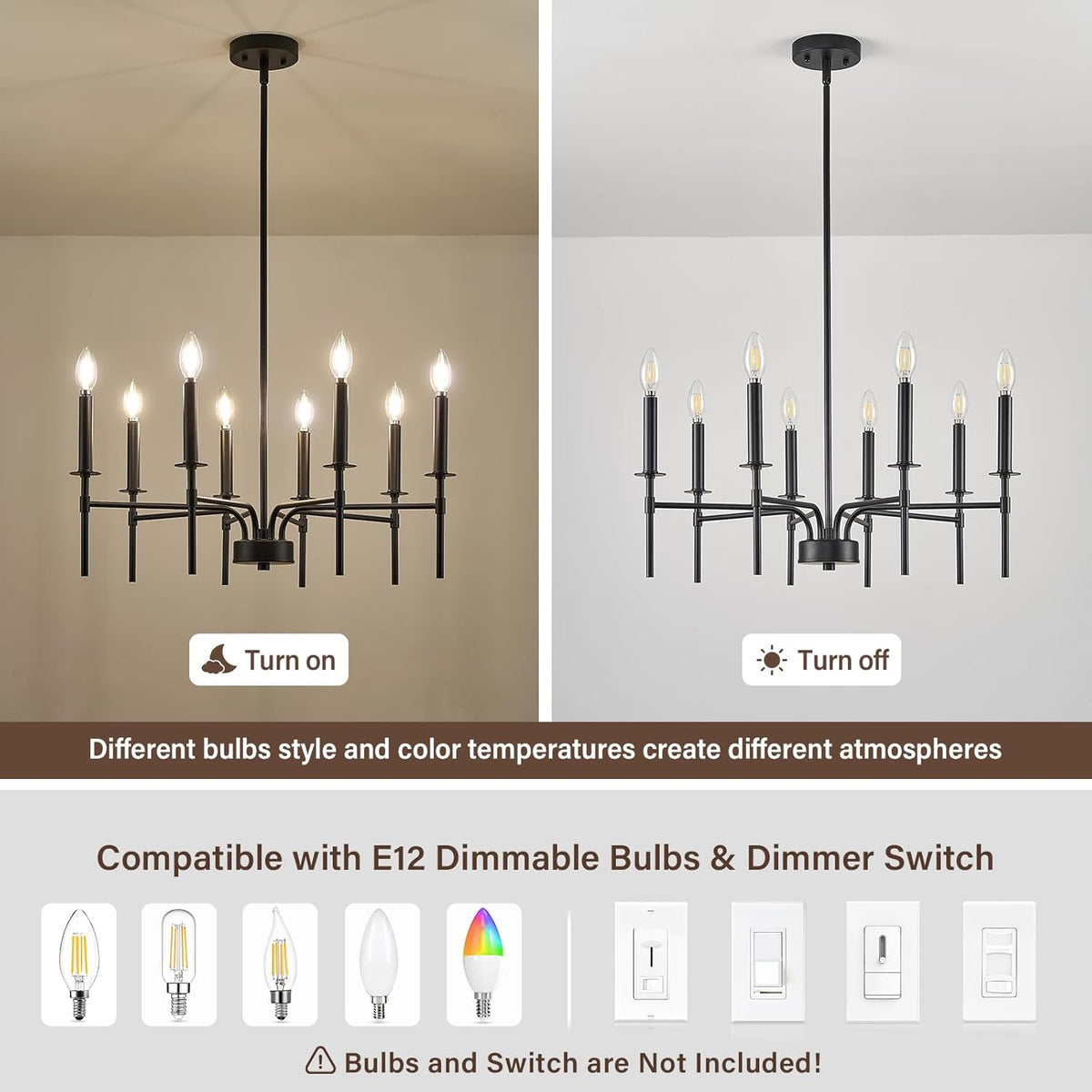 8 Light Black Chandelier Light Fixture, Modern Farmhouse Chandeliers for Dining Room Light Fixture, Metal Candle Pendant Chandelier for Foyer Entryway Stairs Living Room Bedroom Kitchen