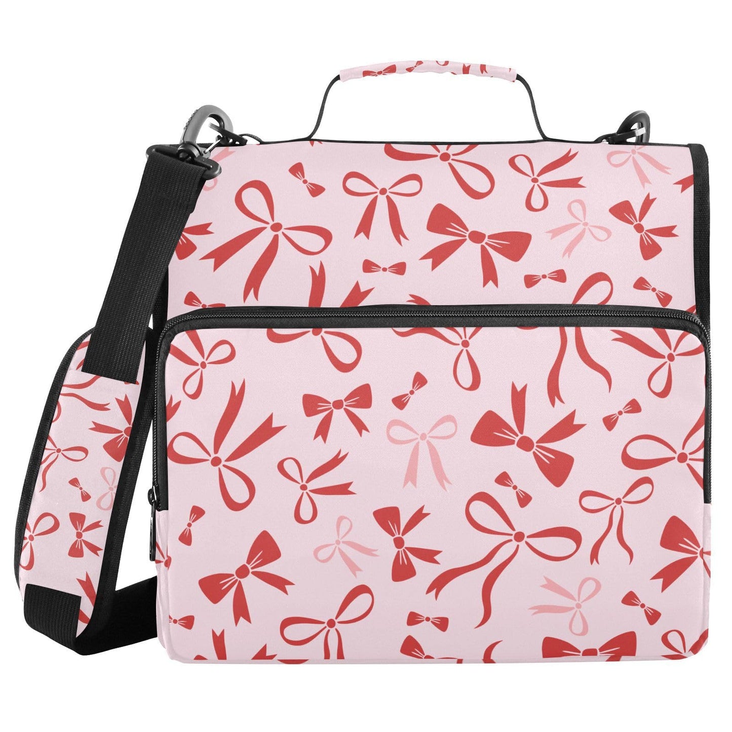 Ribbon Bow Pink Print Zipper Binder Bag 3 Ring with Shoulder Strap & Handle Multi Pocket Binder Organizer Bag Large Capacity for School Office Supplies