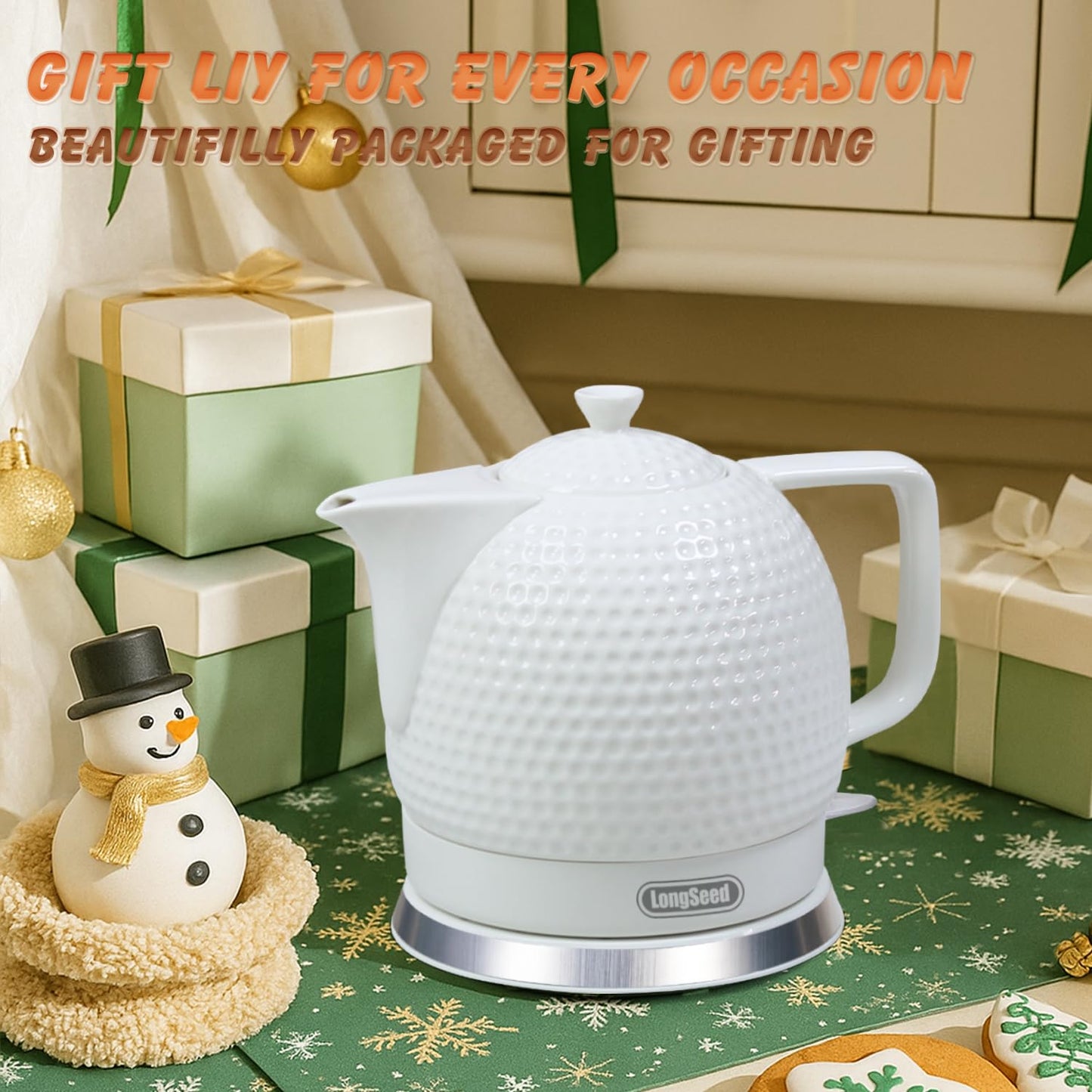 LONGSEED Electric Kettle, 1.2L Ceramic Tea Kettle with embossed design, BPA-Free,1500W Water Boiler with LED Light, Auto Shut-Off and Boil-Dry Protection,Pure white relief sculpture