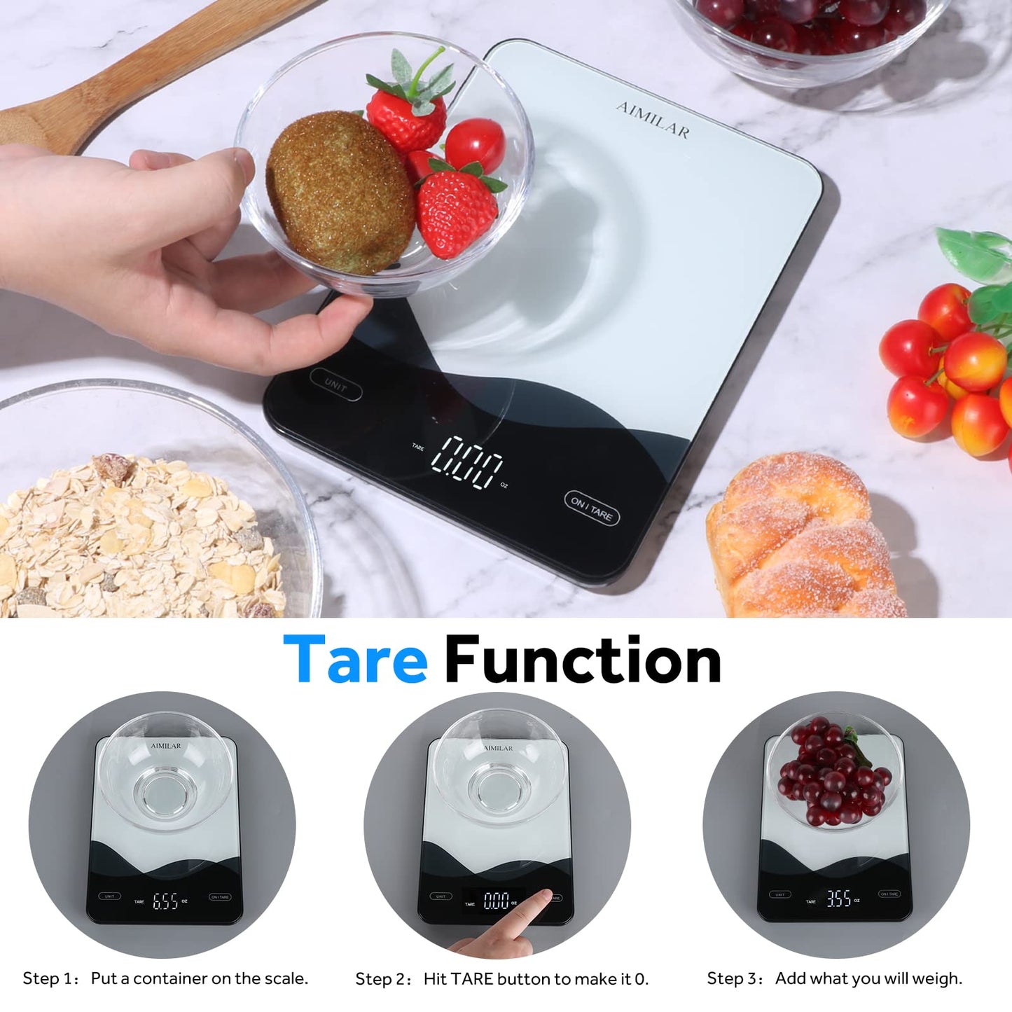 AIMILAR Digital Kitchen Scale 22lb/10kg USB-C Rechargeable, Tempered Glass Top Easy Clean, LED Touch Screen No Buttons, Auto Shut Off