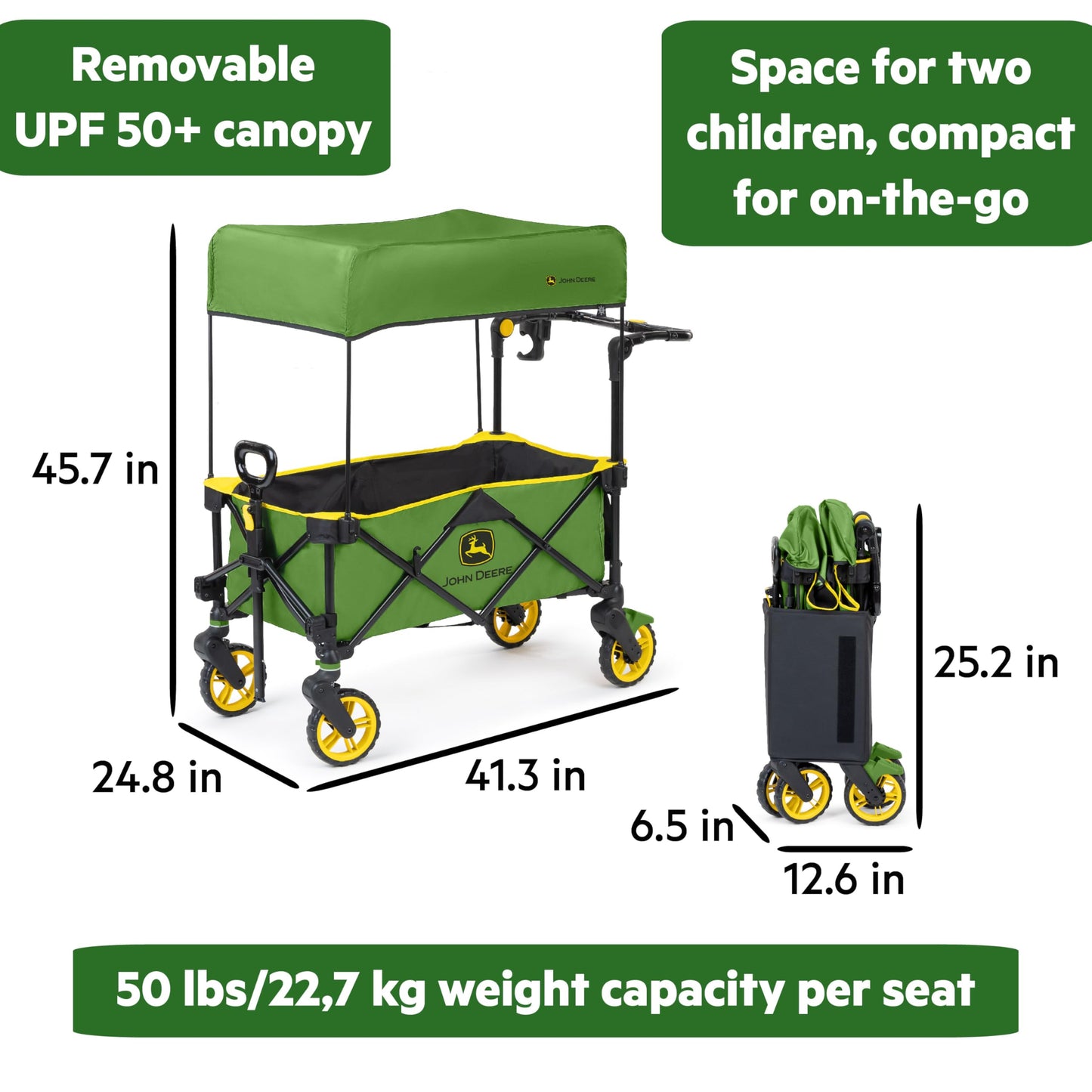 Bright Starts John Deere Pop 'N Ride Stroller Wagon, Foldable with Sun Shade 50+ SPF Protection, Seats 2 Kids at Once, Green & Yellow Unisex