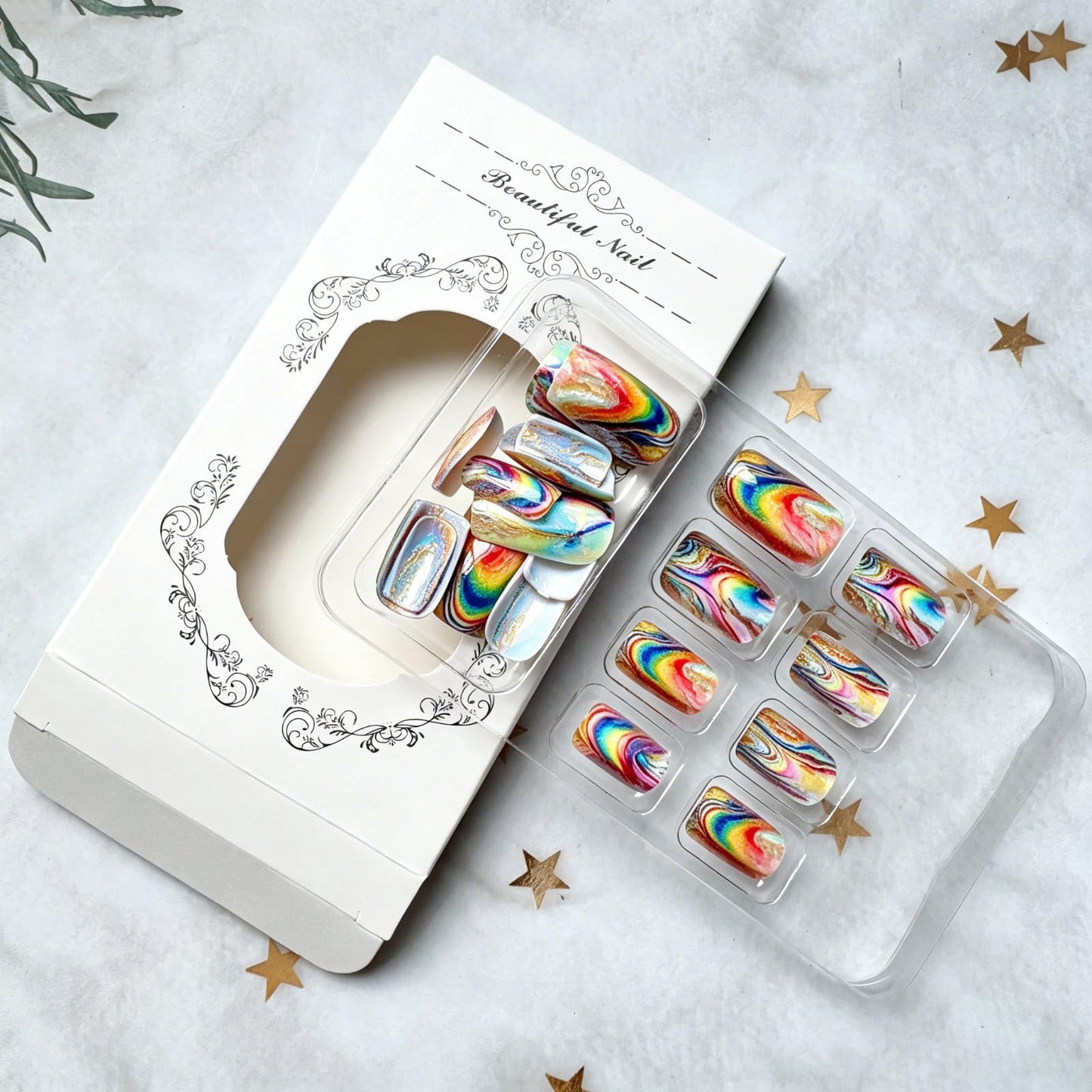 Medium Press on Nails Square Shape Fake Nails Aurora Marble False Nails Gradient Colorful Designs Spring Summer Acrylic Nails Full Cover Glossy Stick on Nail Holiday Glue on Nails for Women 24Pcs