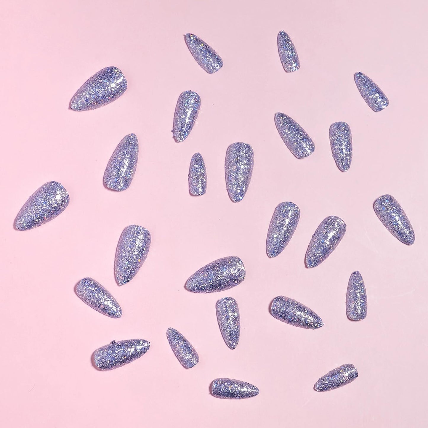 MISUD Press on Nails - Medium Almond Fake Nails with Bling Blue Purple Glitter, Acrylic Sparkly Design 24 pcs