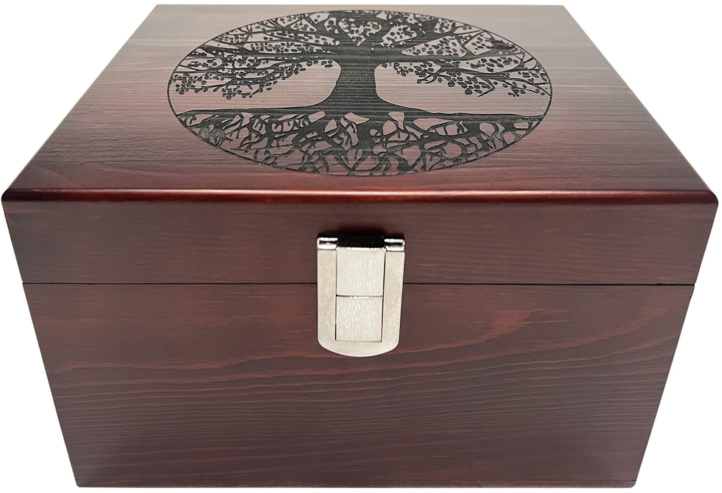 Blake & Lake Tree of Life Large Wooden Decorative Box - Wooden Keepsake Box with Hinged Lid and Metal Latch Wood Storage Boxes with Lid Engraved Design (Dark Pine Wood)