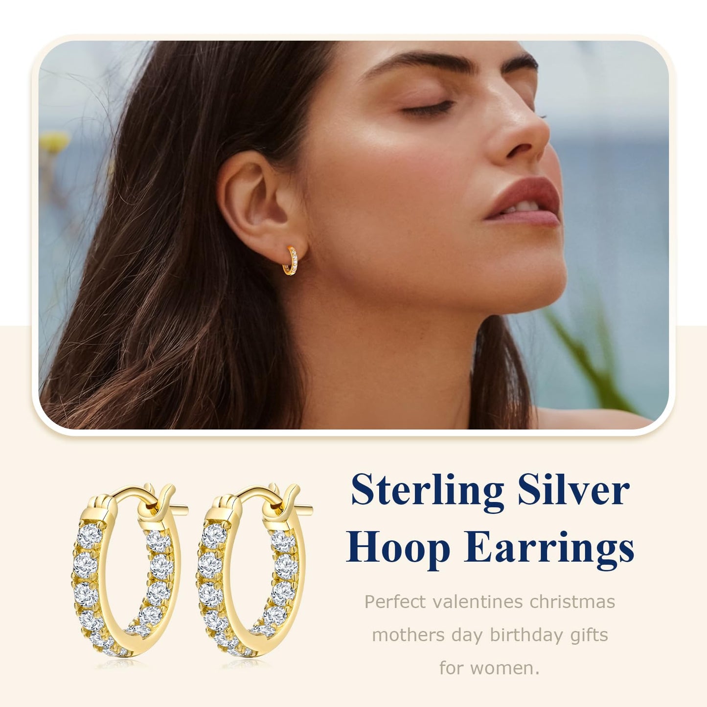AGRULE 14K Yellow Gold Plated Chunky Huggie Earrings Sparkling Gemstone Sterling Silver Hypoallergenic Lightweight 15mm Diamond Hoop Earrings for Women