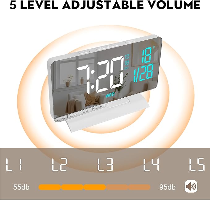 SZELAM Digital Clock,Alarm Clock Bedside,7.3'' Large LED Mirror with Date