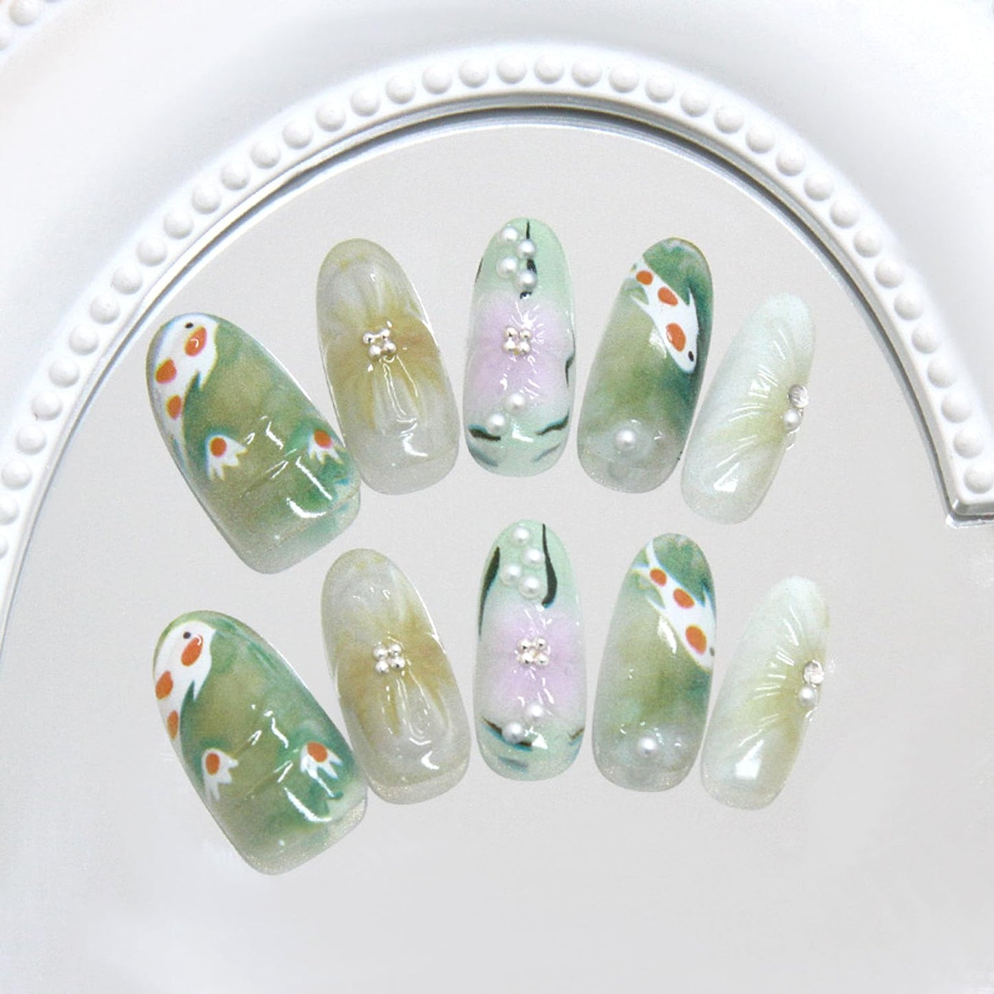30Pcs Flower Press on Nails Medium Almond Fake Nails Press on 3D Pearl Design Koi Fish False Nails Green Smudge Glossy Full Cover Cute Floral Koi Reusable Spring Summer Acrylic Glue on Nails for Women