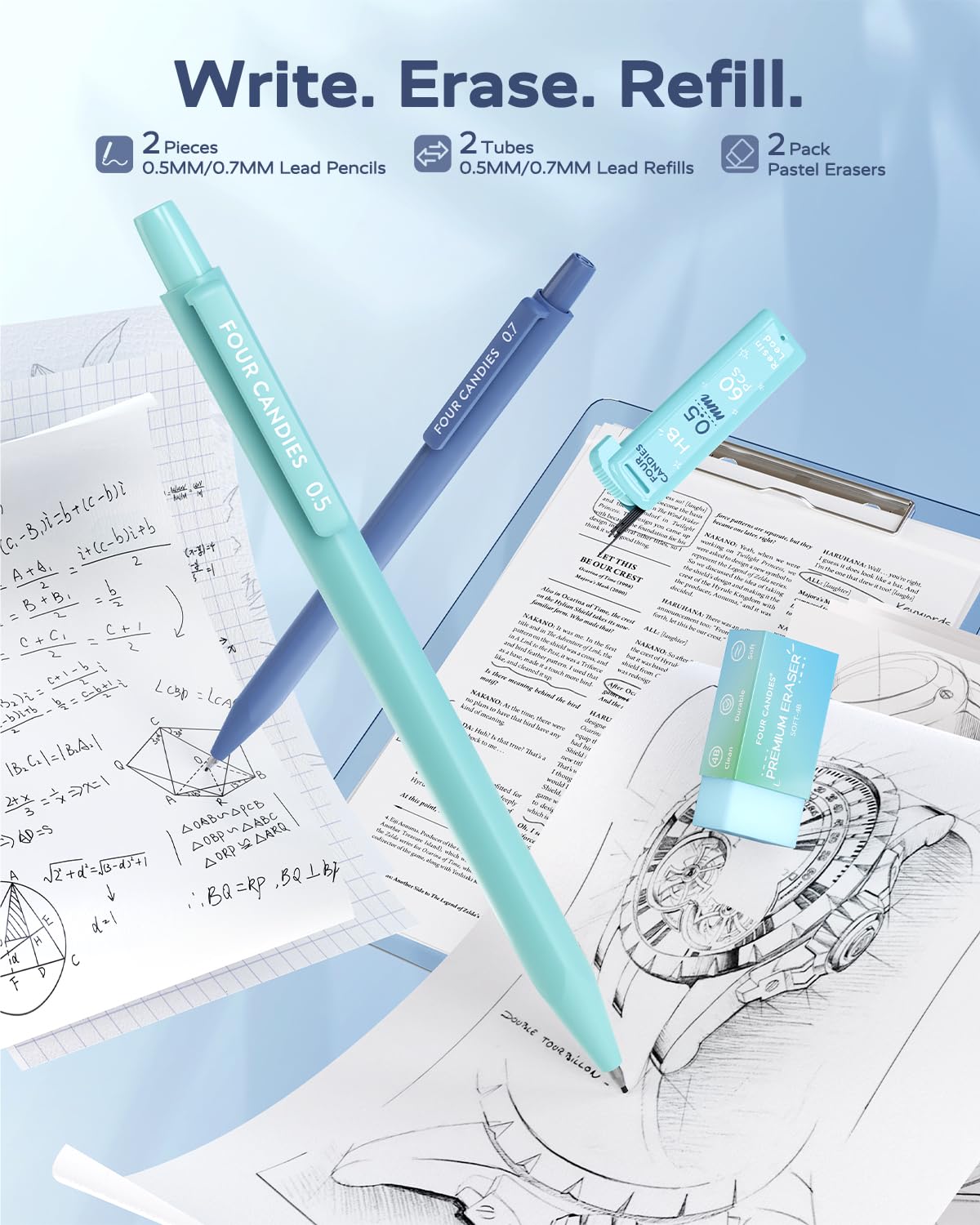 Four Candies Blue School Supplies, Gel Pens with Black Ink, Correction Tapes,Pastel Highlighters, Mechanical Pencils, Sticky Notes, Index Post for Bible Study Stationary College Essentials