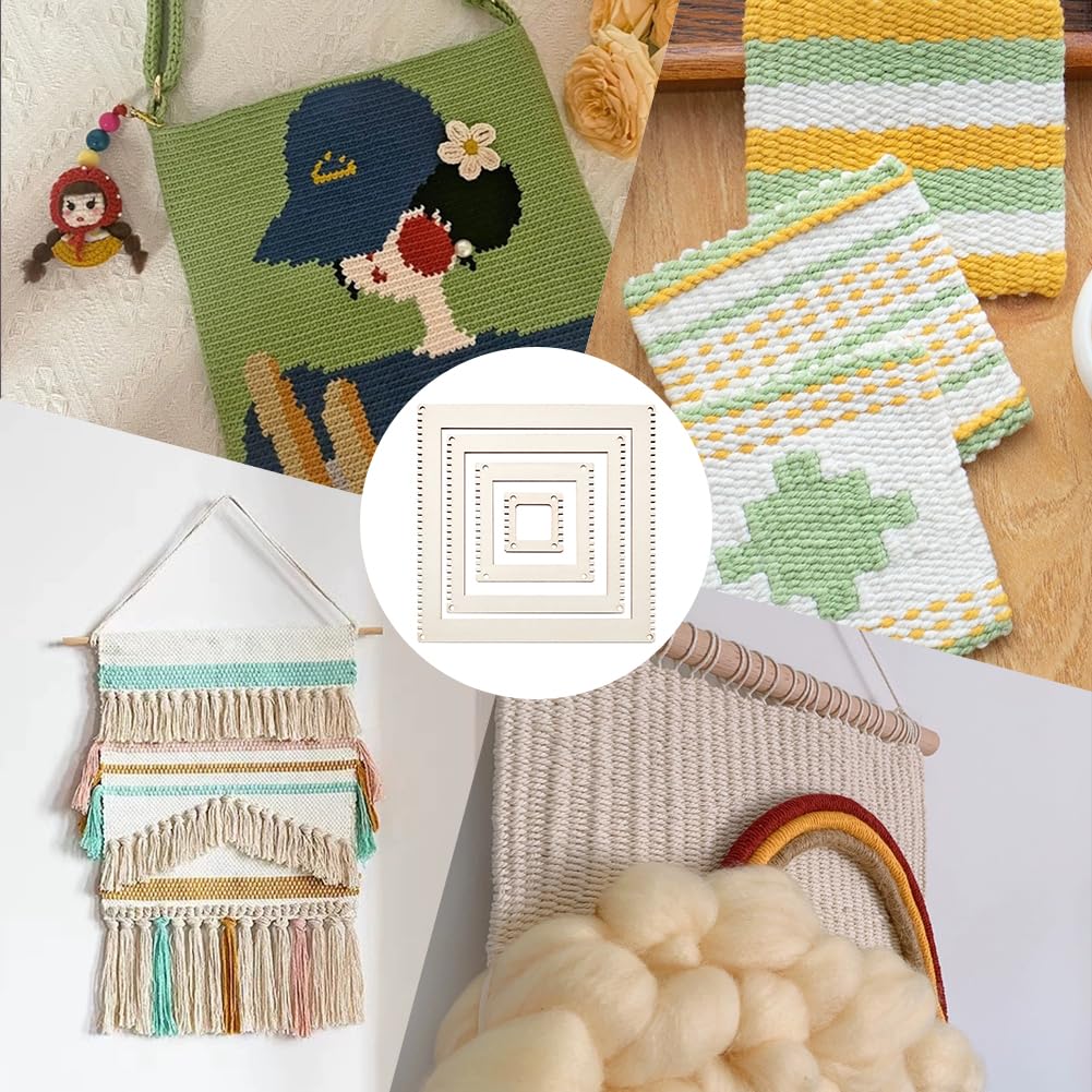 BENECREAT 4 Sizes Wooden Weaving Loom Kit, 2/4/5.9/7.8 inch Square DIY Weaving Loom DIY Weaving Art Tapestry Loom for Hanging Decor Woven Tapestry Knitted Crafts Making, 4.5mm Thick