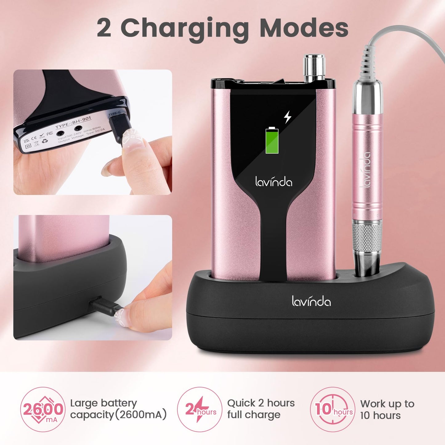 Lavinda Professional Rechargeable Nail Drill Machine, Cordless 35,000RPM Skyspace Brushless Nail Drill, Portable Electrical Nail File for Acrylic Nails with Protective Case, Rose Gold
