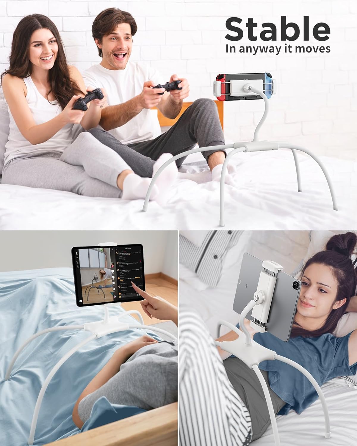 SAIJI iPad Stand, Adjustable Ergonomic Tablet Holder for Bed, Kindle Stand for Reading in Bed Fit for Tablet, Phone, Kindle, Portable Monitor, Switch and More 4.7"-17.3" Devices (White)