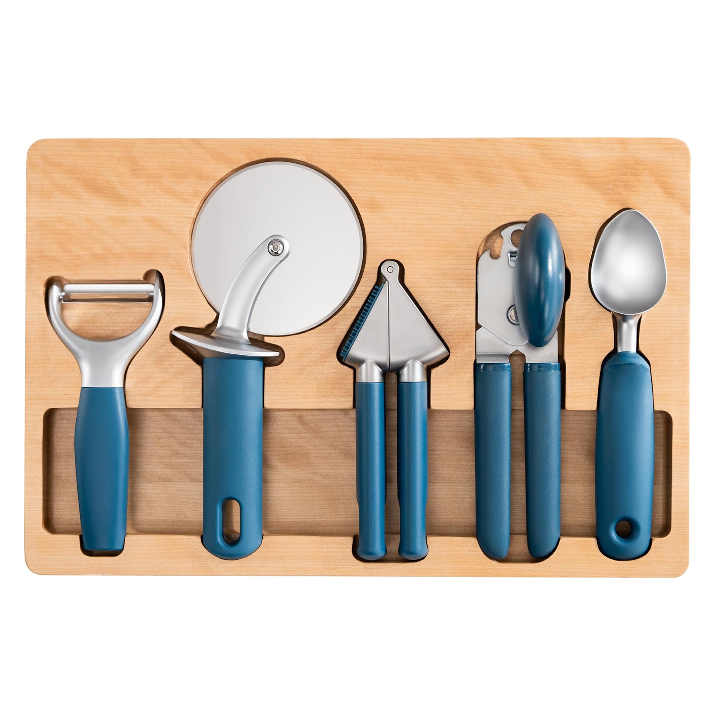 OOU Kitchen Gadget Set, 5 Piece Premium Zinc Alloy Kitchen Tools with Ergonomic TPE Handles – Includes Can Opener, Pizza Cutter, Garlic Press, Ice Cream Scoop, Peeler, and Wooden Storage Tray