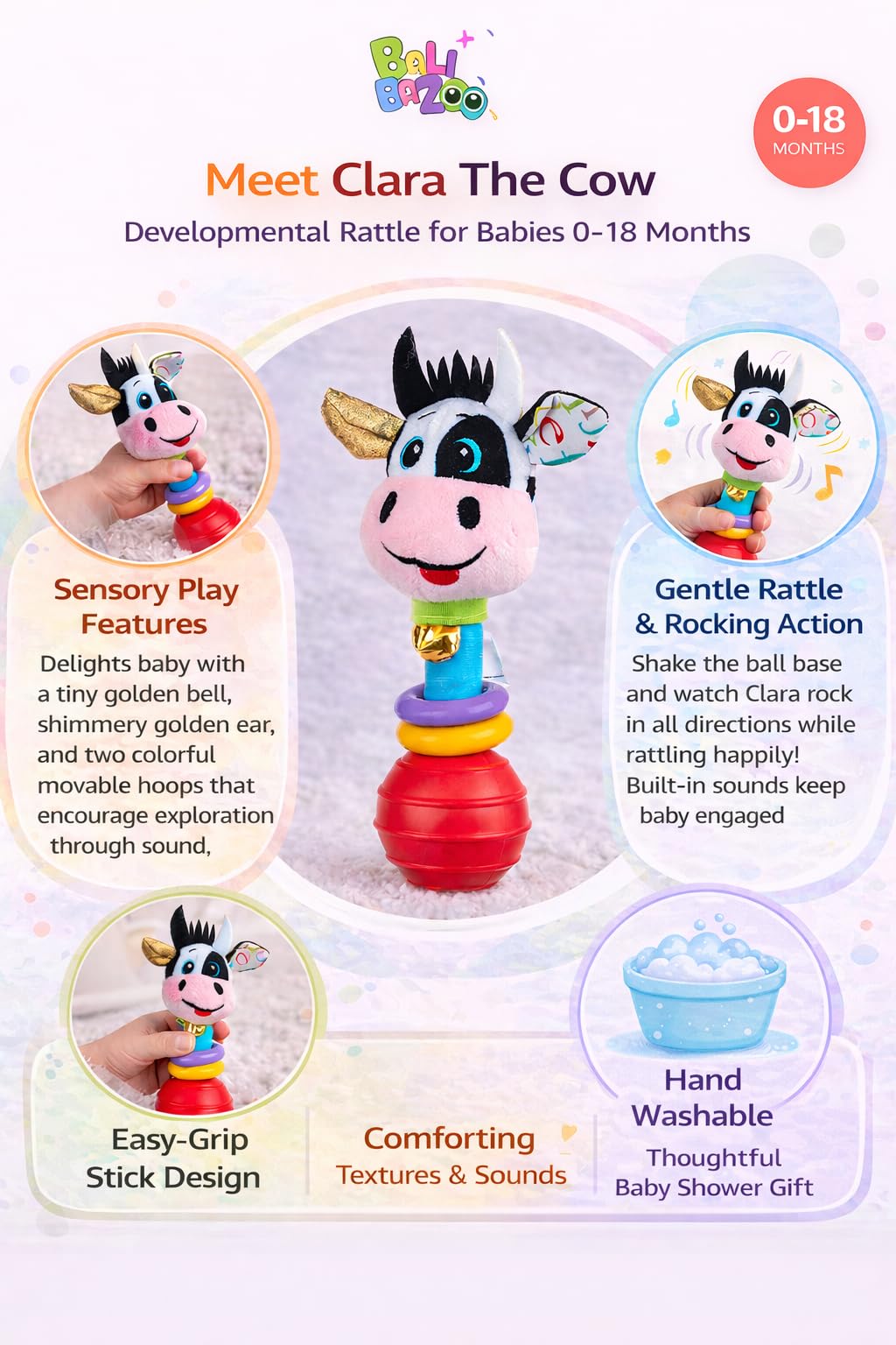 Balibazoo Clara The Cow Plush Baby Rattle & Teething Stick - Newborn Rattle Toy for 0-18 Month Babies | Soft Stuffed Cow with Bell, Easy-Grip Handle | Sensory Developmental Infant Rattle