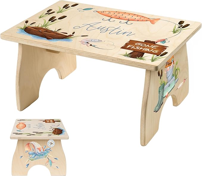 Fishing Step Stool for Toddlers- Personalized Wood Kids Step Stool with Name for Kitchen Sink, Bathroom, Potty Training, Toilet, Kitchen Sink- Sturdy and Safe- Made in USA by BloomOwl (Gone Fishing)