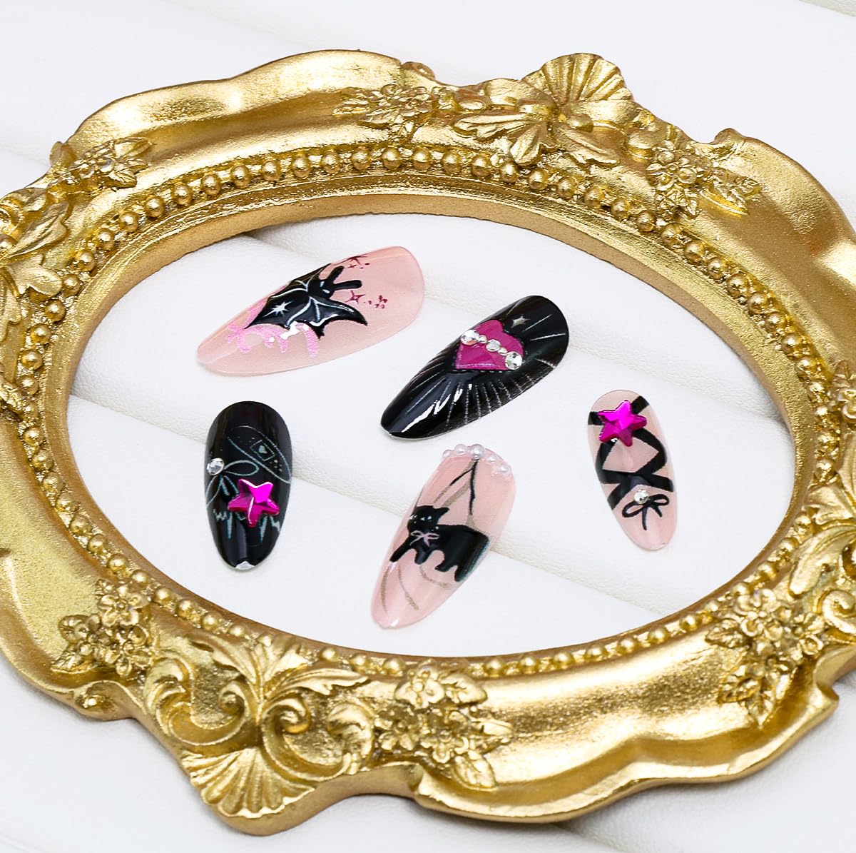 24Pcs Halloween Press on Nails Almond Medium Fake Nails Y2k Bat Cat Heart Star Rhinestone Design Gothic Acrylic Nails Black Pink Glue on Nails Bow False Nails Halloween Artificial Nails for Women