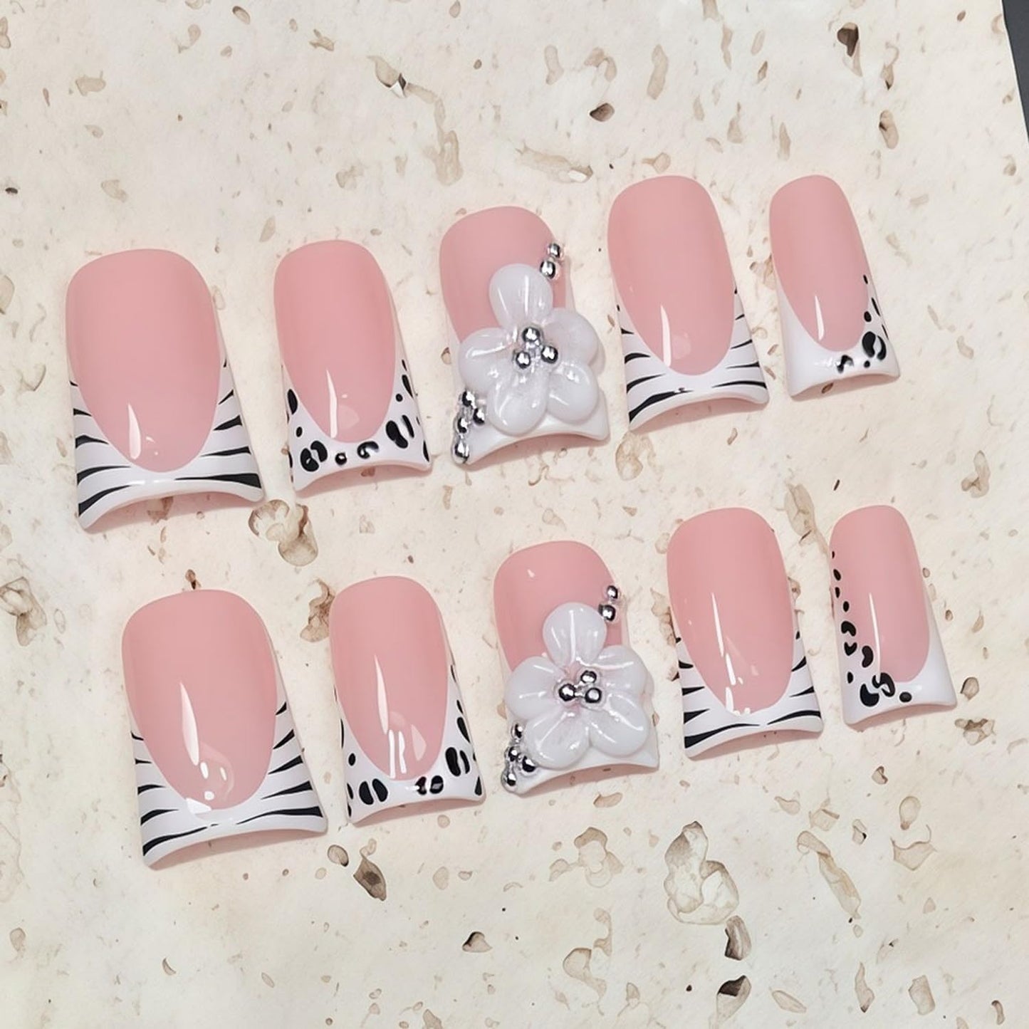 Handmade Press on Nails Short Duck Stick on Nails Zebra Stripes French Tip Fake Nails 3D HandmadeFlowers with Designs Thick Full Cover Acrylic Nails False Nail for Women（M)
