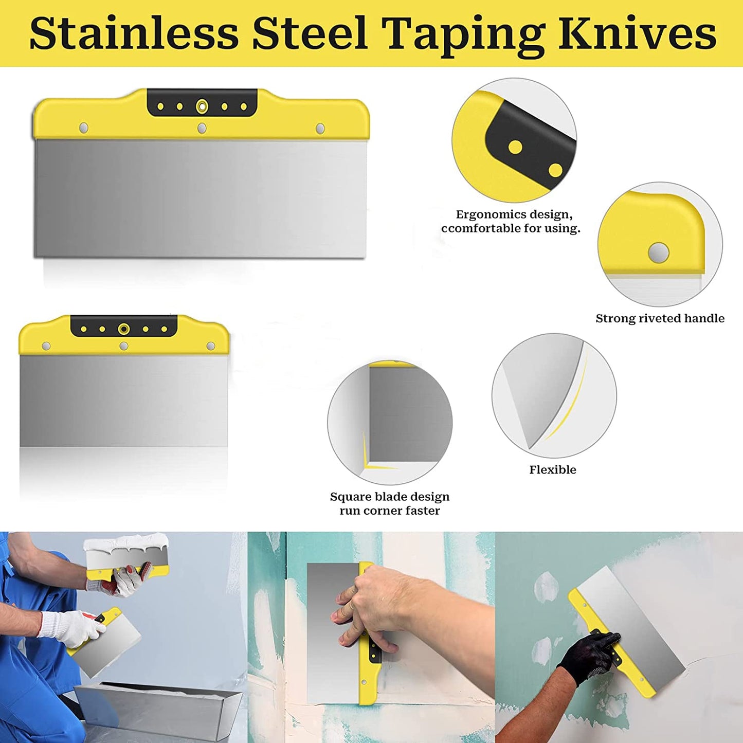 DEKEones Drywall Taping Knife Set, Stainless Steel Putty Knives Scraper with Tapered Blade for Wall Decoration Hand Tools(8",12")
