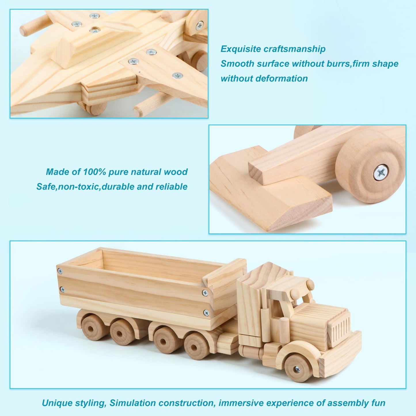 VOMOCNET 3 Pack DIY Wooden Model Building Kit, Includes Fighter Jet, Truck, Race Car, Paint Your Own Arts and Crafts, STEM Toys Birthday Gifts for Boys Girls