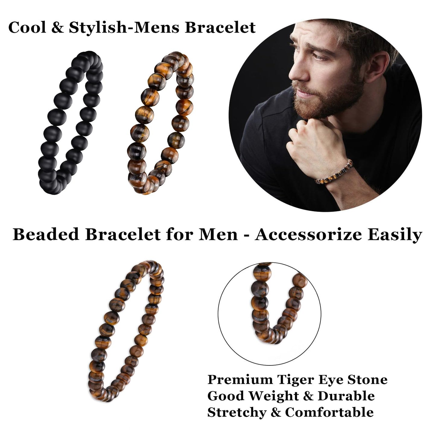 LOWNOUR Mens Bead Bracelet Adjustable Elastic Rope With 6&8MM Natural Stone Tiger Eye Bracelets for Men Gift 4pcs (Beaded Bracelets)