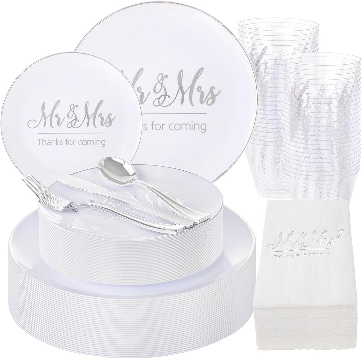 175 Mr and Mrs Silver Wedding Plastic Plates and Napkins Set,Bridal Shower Plates Set for 25 Guests Include 25Dinner Platos,25Dessert Platos,25Cups,25Napkins,25Gold Cutlery for Engagement Party Decor