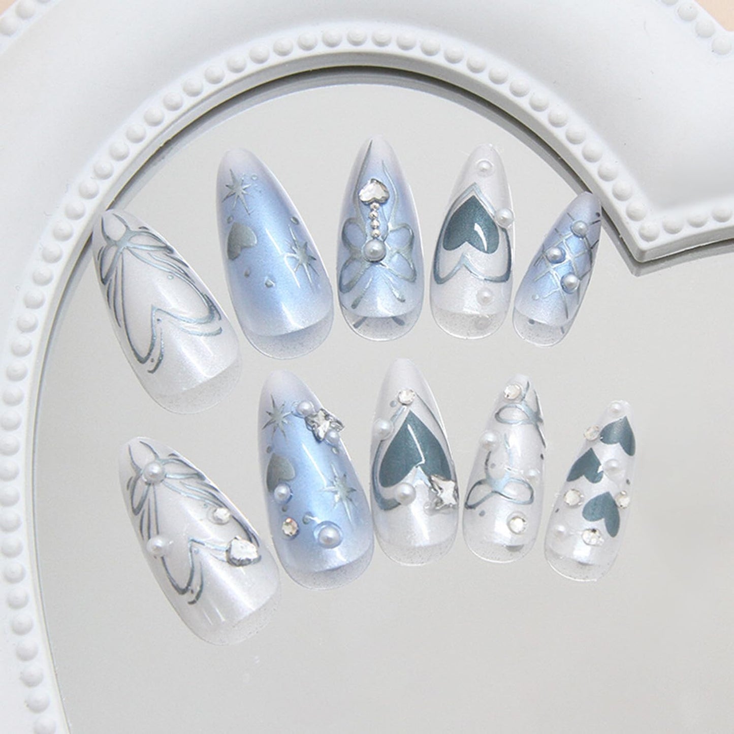 TBRZTR Press on Nails Medium Almond Artificial Acrylic False Nails 3D Love Heart Bow with Rhinestones Pearl Stick on Nail Full Cover Reusable Coffin Artificial Fingernails for Women Manicure 24Pcs
