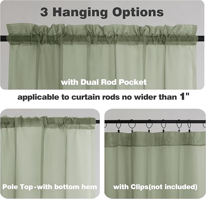 Chyhomenyc Sage Green Sheer Valances for Windows - Light Filtering Small Kitchen Curtains, Rod Pocket Short Top Window Treatment Decor for Living Room Bathroom Basement, 42Wx16L inches, 2 Panels