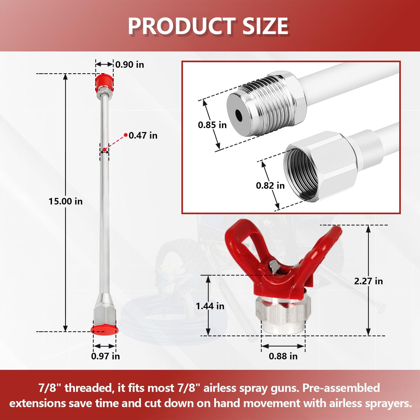 15-inch Airless Spray Gun Extension & 246215 7/8" Thread RAC X Hand-Tight tip Guard, for Graco Magnum x7 and Most Spray Guns with 7/8 in. Thread, Paints Sprayers Extensions Pole with Red Guard