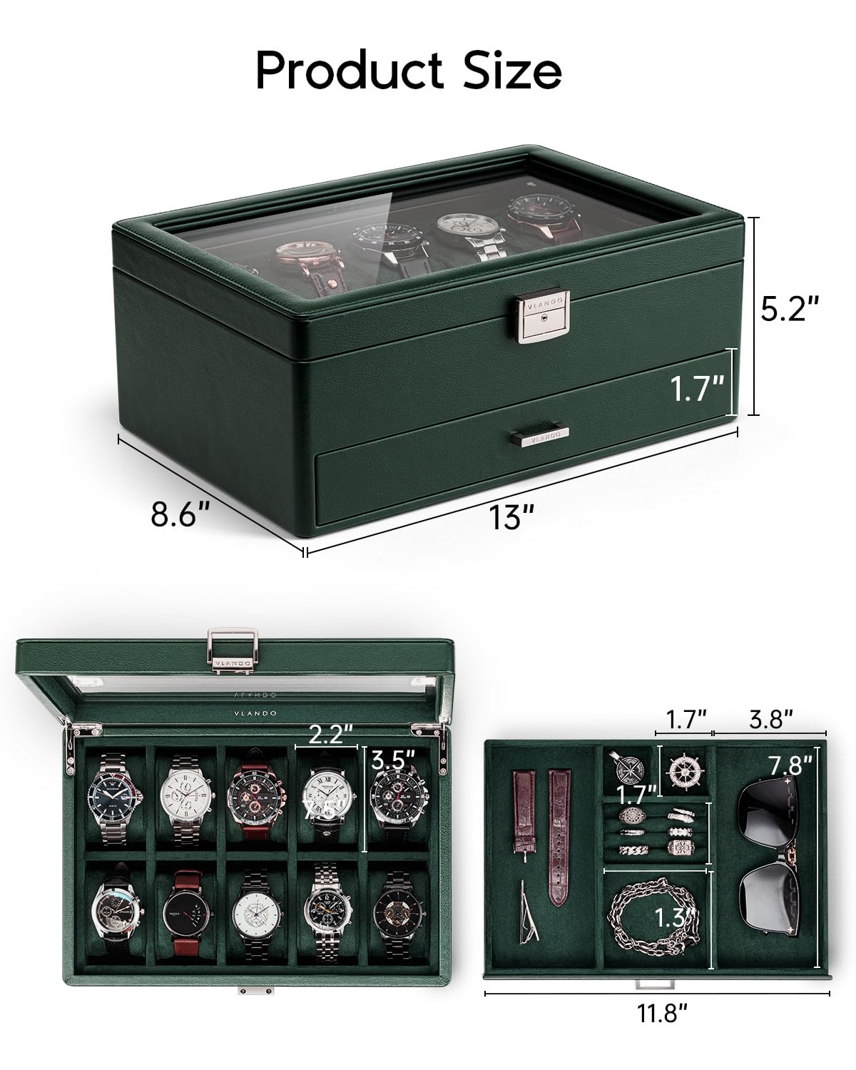Vlando Watch Box for 10 slot, Lockable Watch Case with Textured Leather, 2 Layer Watch Holder for Rings, Bracelets, Glasses, Glass Lid, Removable Divider, Gift for Fathers, Husband, Friend, Dark Green