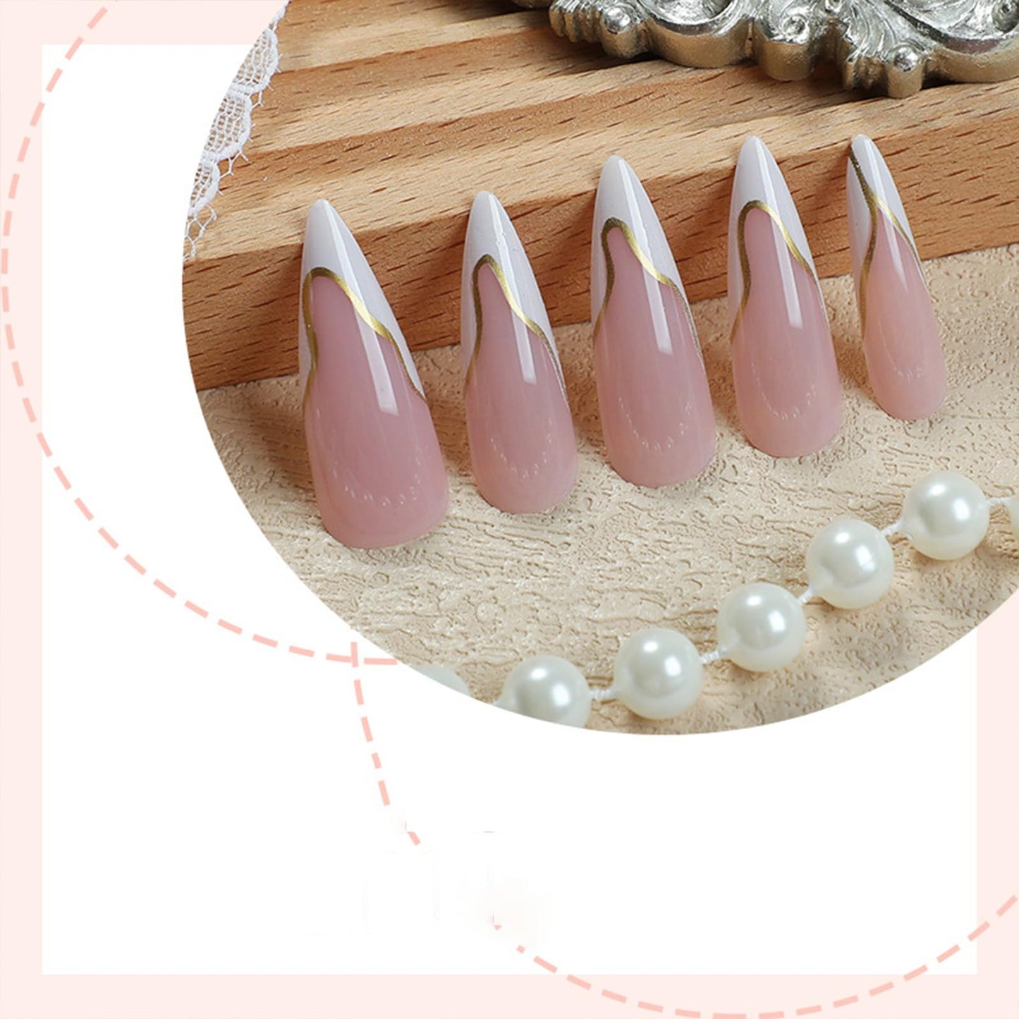 SINHOT Stiletto Press on Nails - Long Fake Nails, Glossy Finish, White French Tip & Gold Line, DIY Artificial False Nail Art - 24 Pcs Nail Kit with Glue