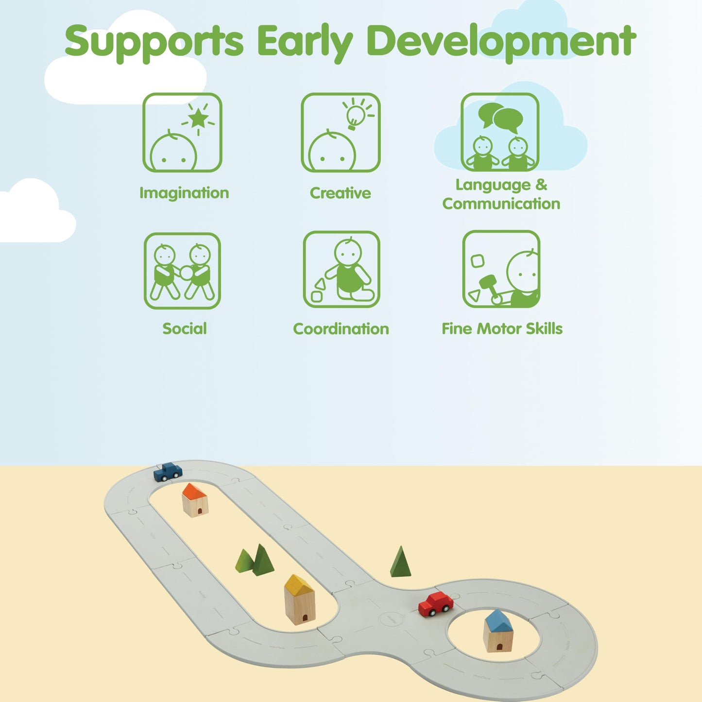 PlanToys® Road & Rail Set Montessori Imaginative and Creative Play Set | Early Language, Problem Solving and Coordination Activity | Eco Friendly Road and Rail Building Set