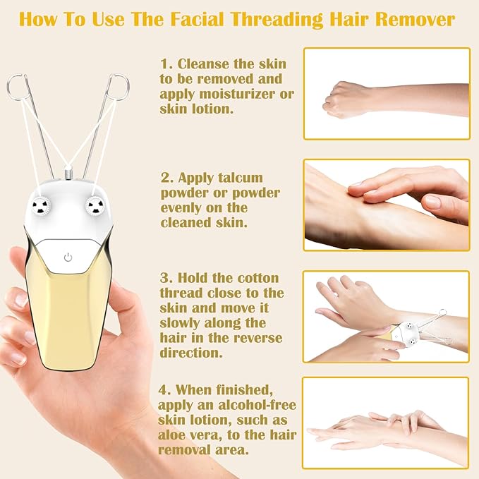 Gold Facial Threading Hair Removal Electric Women's, USB Rechargeable Electric Hair Removal Device for Women, Threading Face Epilator for Fine Hairs on Face, Chin, Upper Lip, Arms