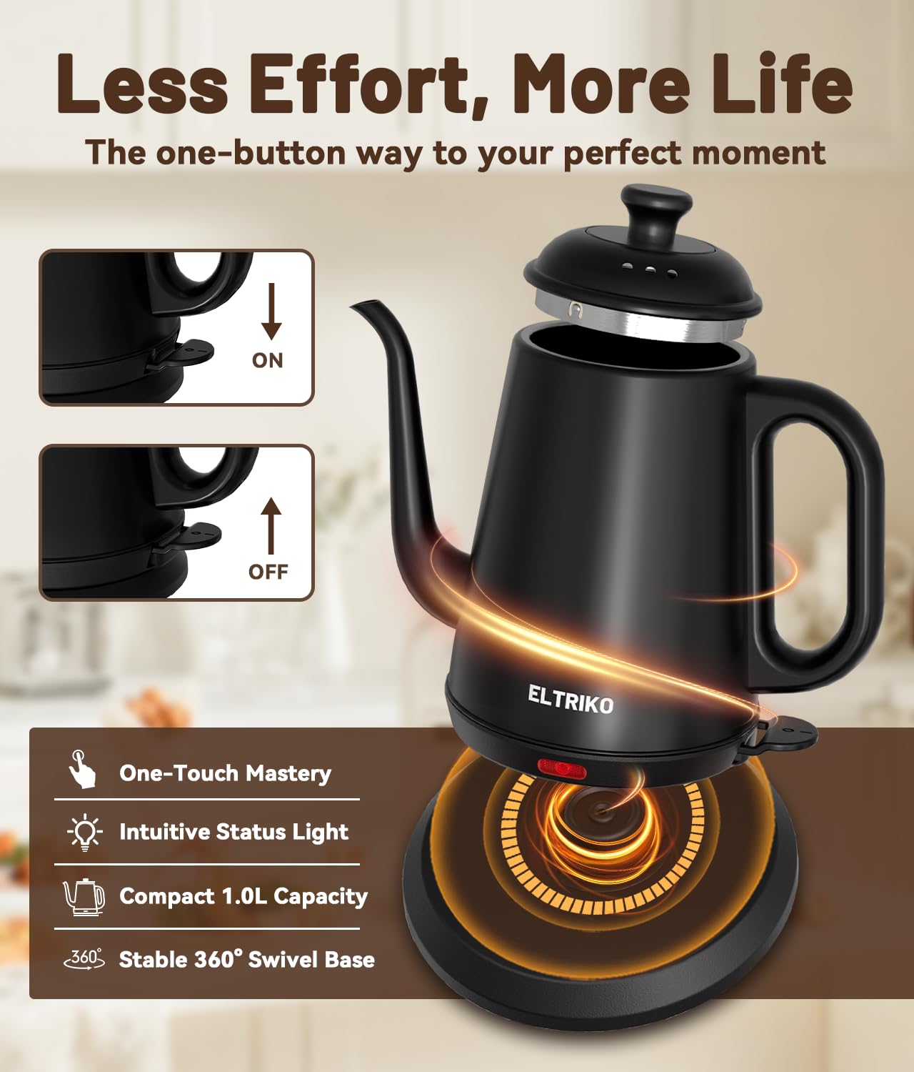 ELTRIKO Gooseneck Electric Kettle, 1L Water Boiler, Pour Over Coffee & Tea, 1000W Fast Heating, Stainless Steel, Auto Shut-Off & Boil-Dry Protection, BPA-Free (Black)