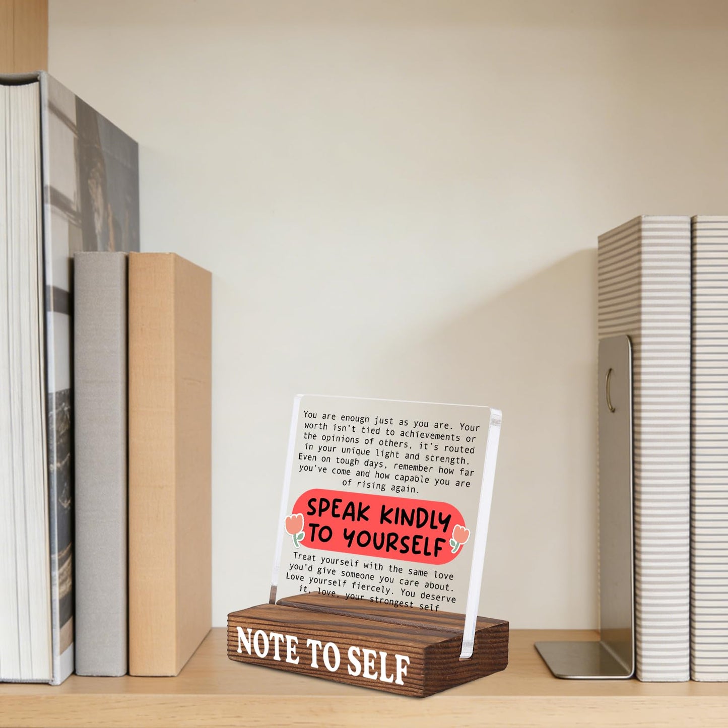 Inspirational Desk Decor with Positive Reminder, Speak Kindly to Yourself Acrylic Sign with Rustic Wood Base, Encouragement Gift for Home Office Coworker Friend SNOTE9
