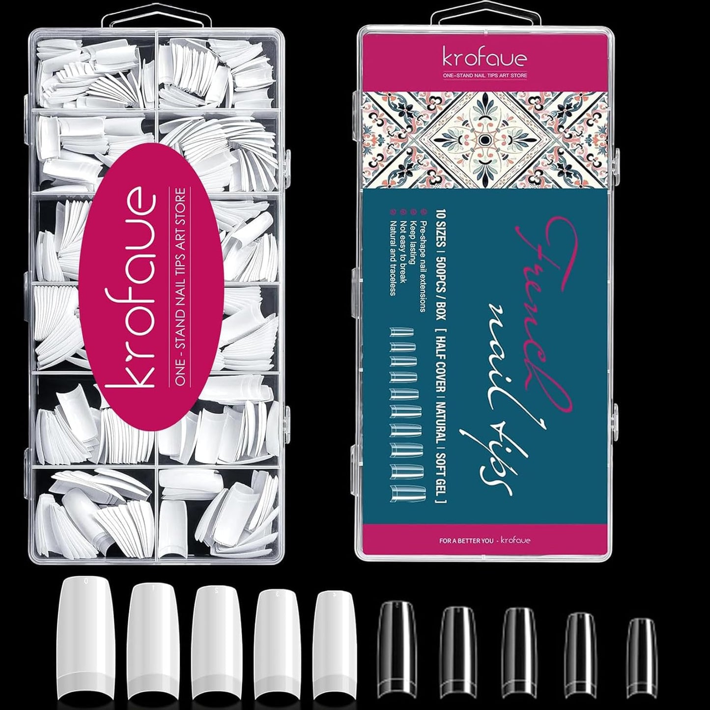 krofaue 500PCS False Nails Tips Lady French Style Acrylic Artificial Tip Manicure Half Cover with Box of 10 Sizes for Nail Tips Art Salons and Home DIY (White+Clear)