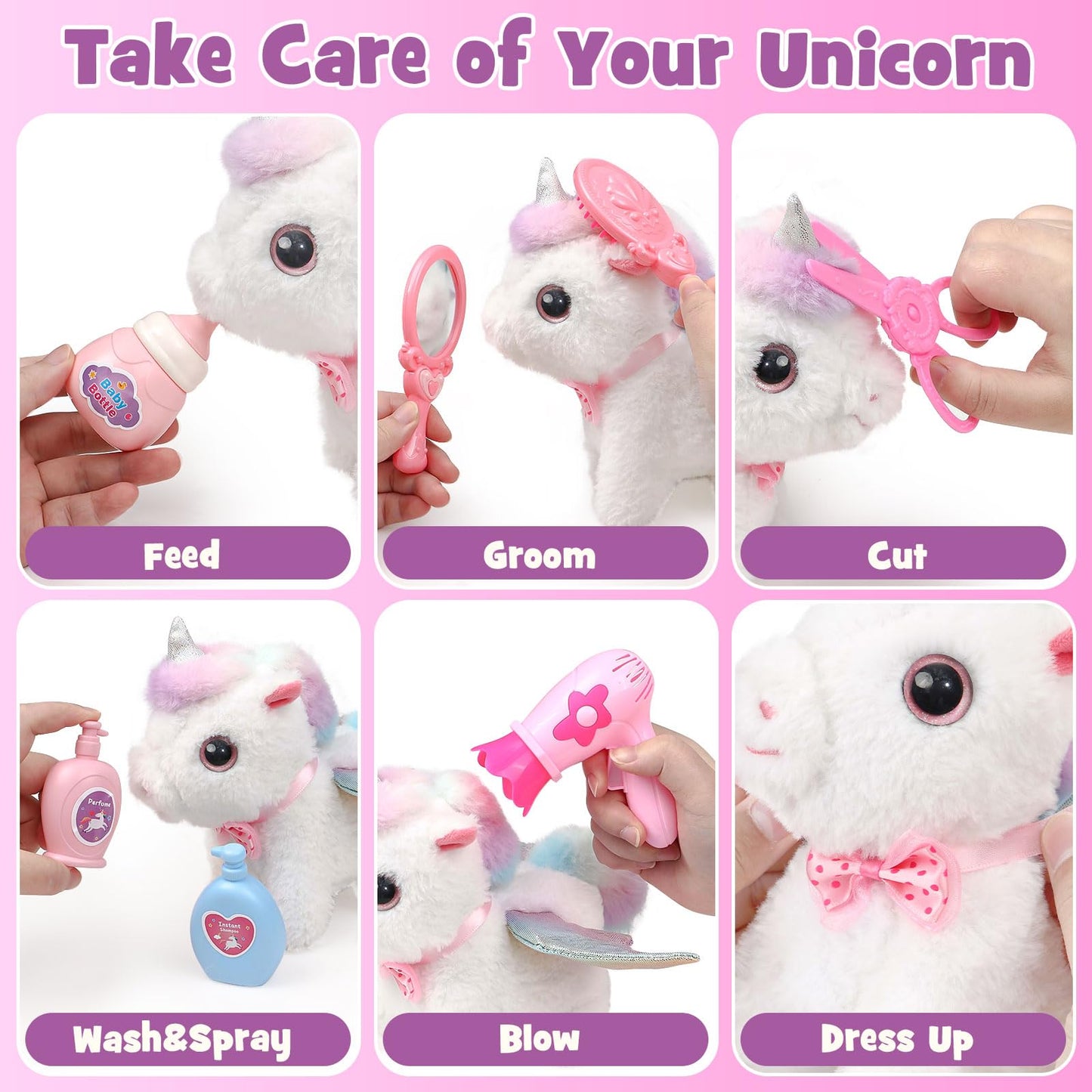 TUZT Girl Interactive Walking Unicorn Stroller Toy Set with Plush Electric Unicorn & Groom Care Accessories, Pretend Play Christmas Birthday Gift Toddler 3 4 5 6 Years, Unicorn Toys for Girls 4-6