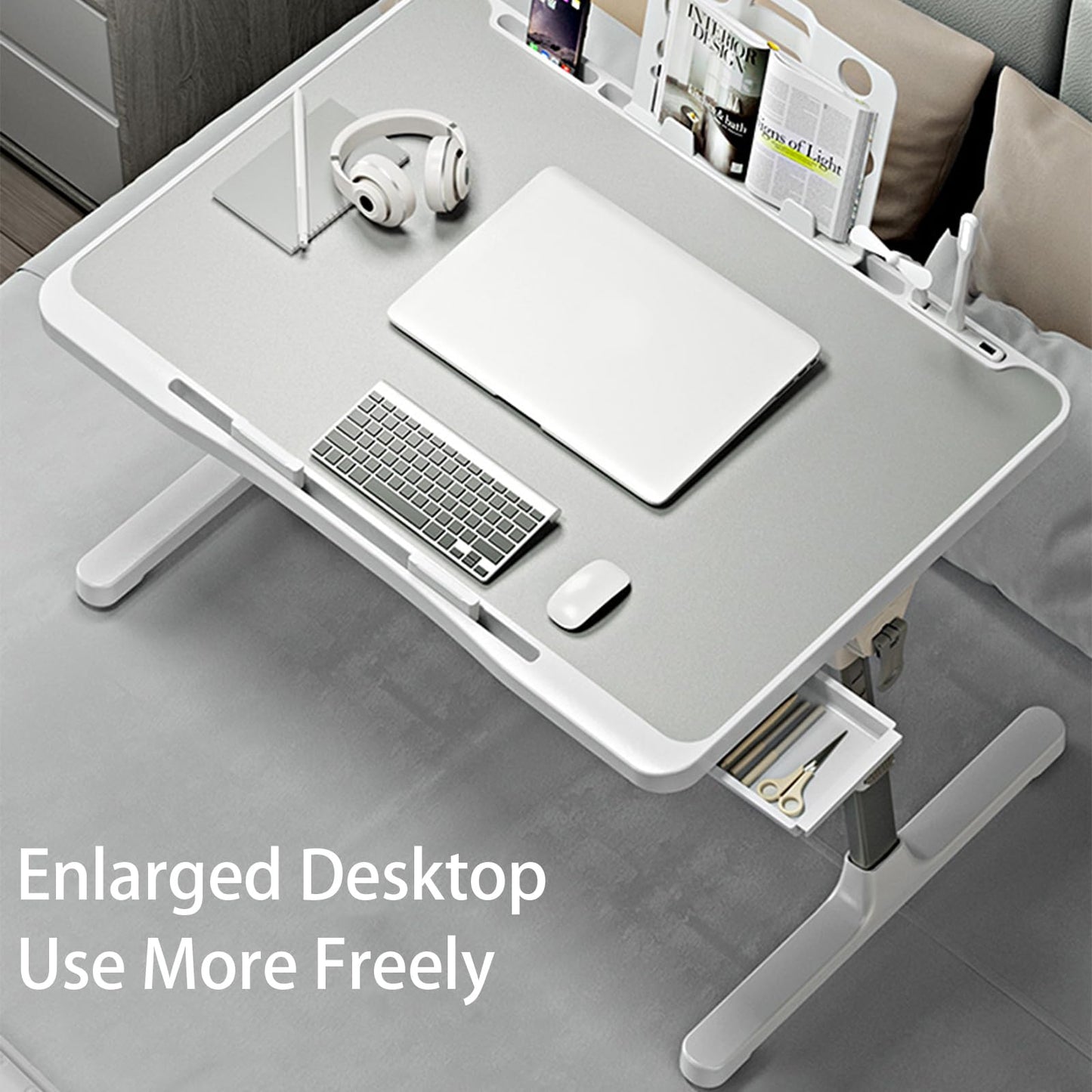 Laptop Desk for Bed, Adjustable Beds Table with USB Charge Port, Foldable Lap top Table with Storage Drawer, Portable Laptops Bed Desk Tray for Eating Working Writing Reading